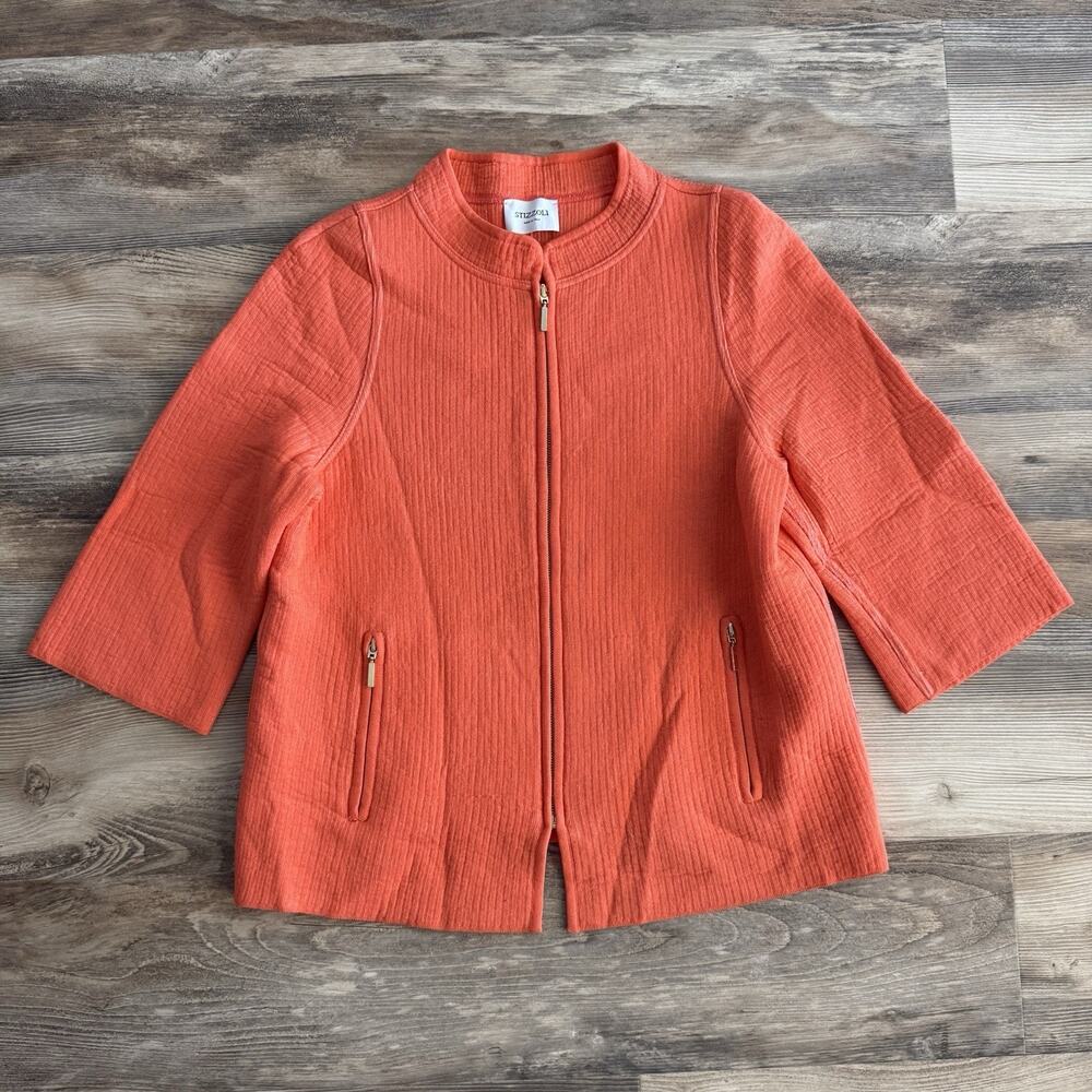 Stizzoli Orange Textured Zip Jacket Made in Italy Women’s Size 48 Knit Sleeve